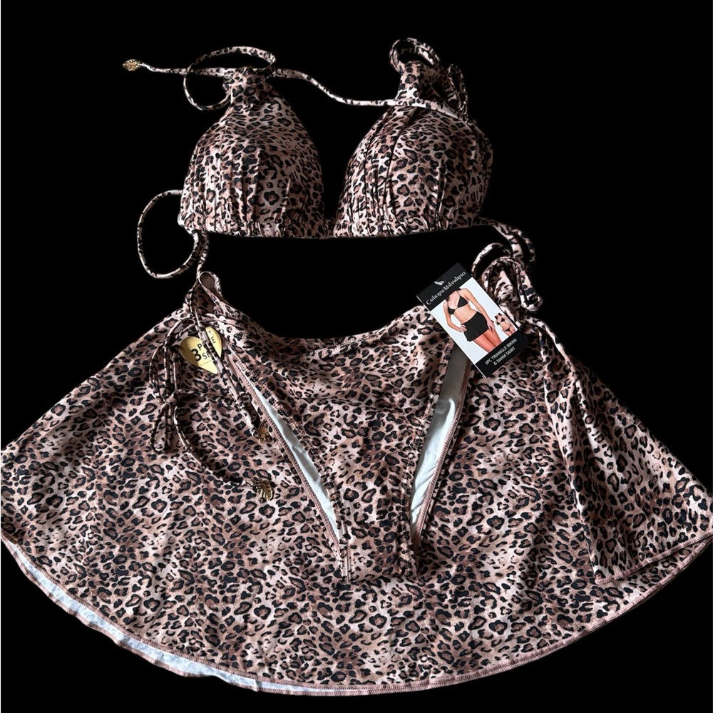 CATHERINEMAlANdRINO Leopard Print Bikini Set with Skirt 3 pieces size L NWT